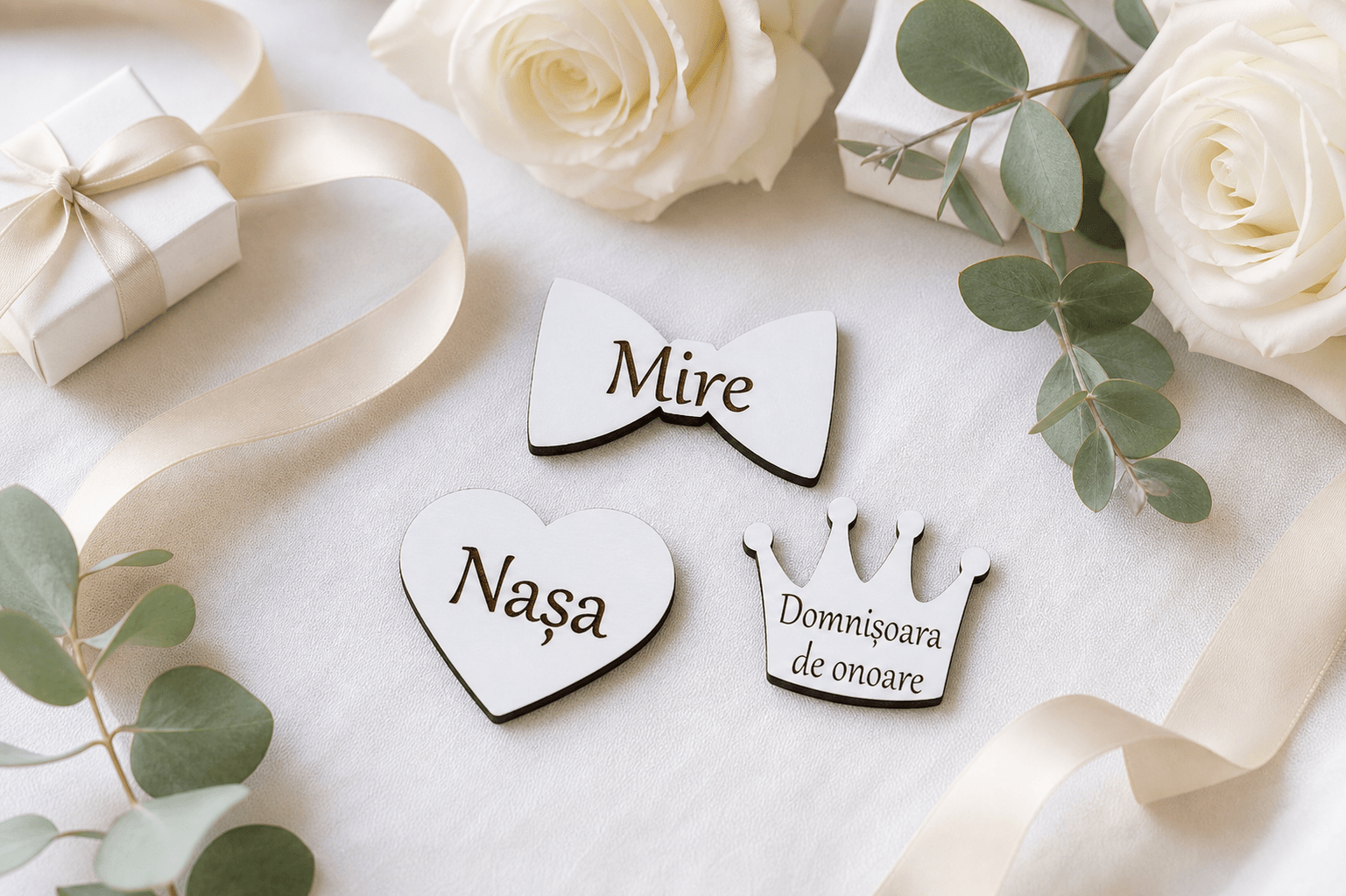 Aranjament de nuntă cu plăcuțe MDF personalizate pentru cocarde