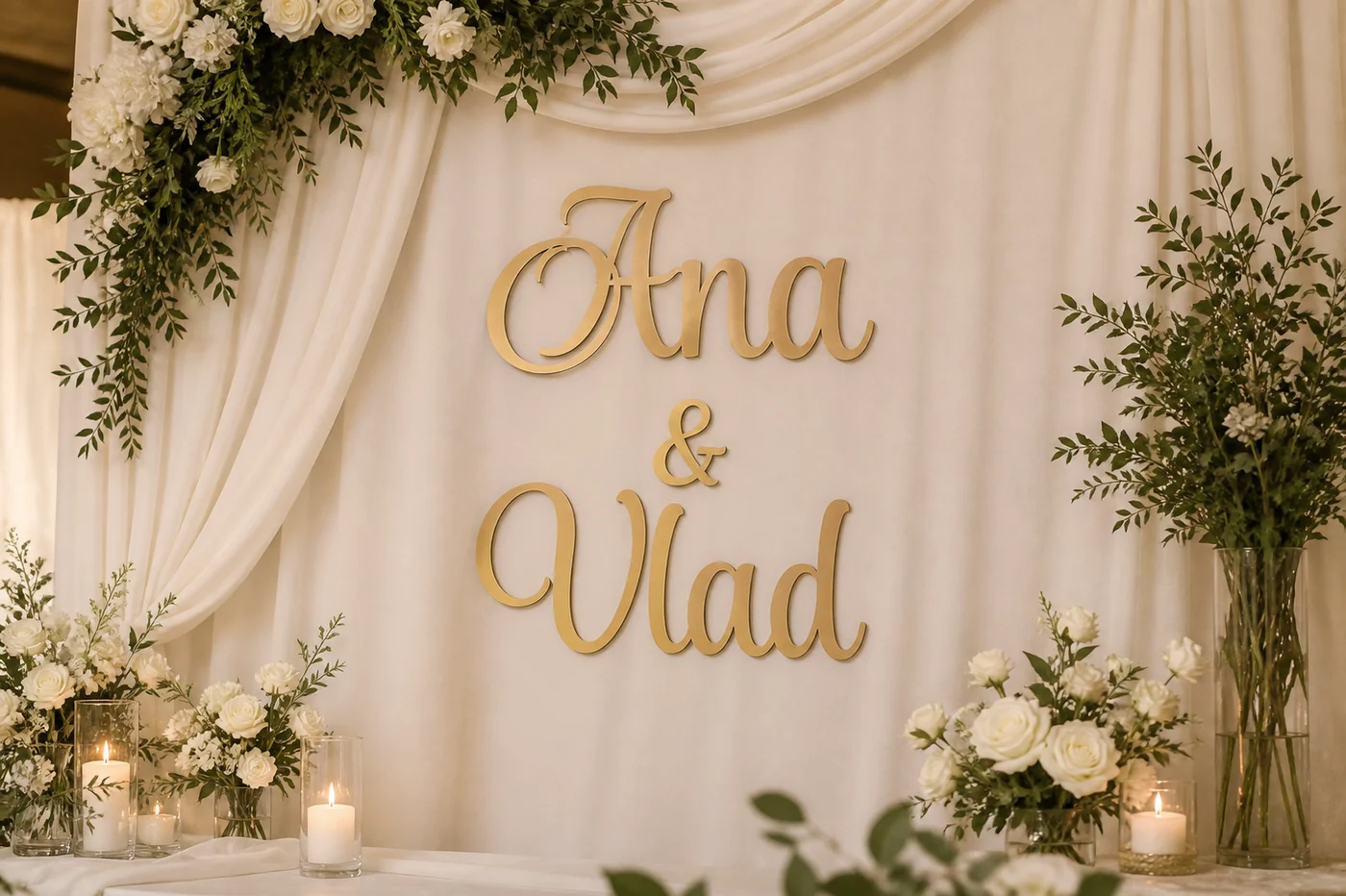 Simulare cu nume decorative aurii din MDF într-un decor de nuntă